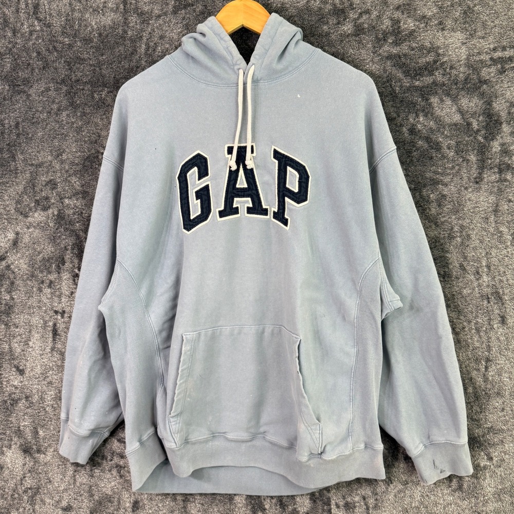 Vintage GAP Arch Stitched Hoodie Large Light Blue Pullover Weave 90s Y2K Skater
